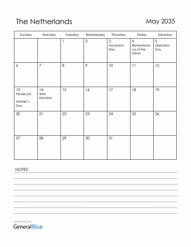 May 2035 The Netherlands Calendar with Holidays (Sunday Start)