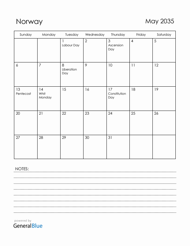 May 2035 Norway Calendar with Holidays (Sunday Start)