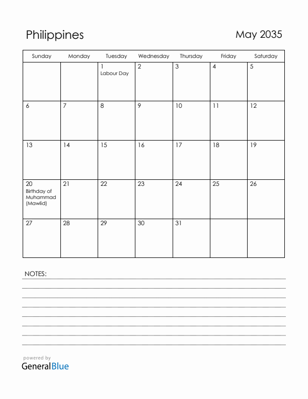 May 2035 Philippines Calendar with Holidays (Sunday Start)