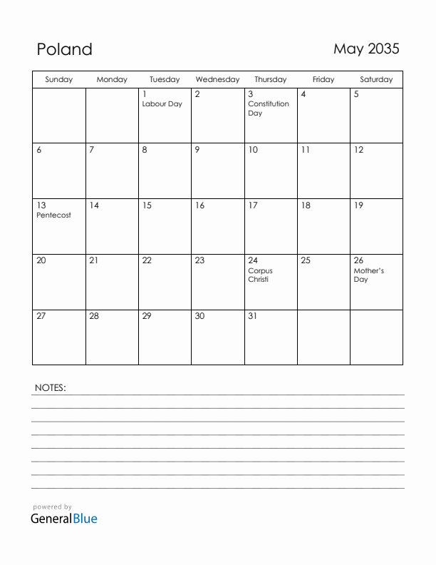 May 2035 Poland Calendar with Holidays (Sunday Start)