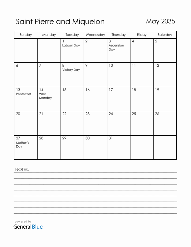 May 2035 Saint Pierre and Miquelon Calendar with Holidays (Sunday Start)