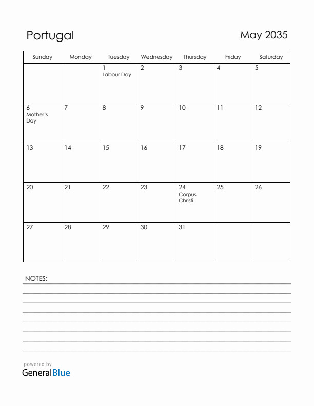 May 2035 Portugal Calendar with Holidays (Sunday Start)