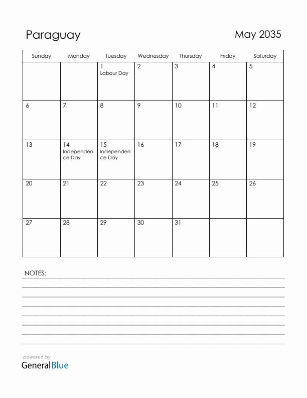 May 2035 Paraguay Calendar with Holidays (Sunday Start)