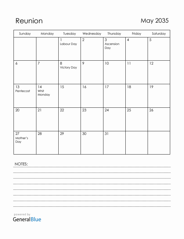 May 2035 Reunion Calendar with Holidays (Sunday Start)