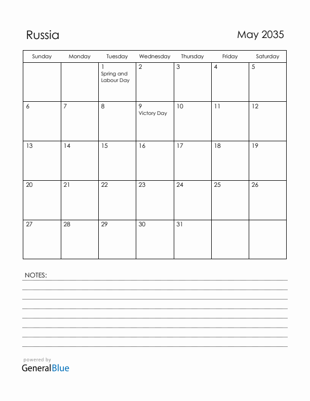 May 2035 Russia Calendar with Holidays (Sunday Start)