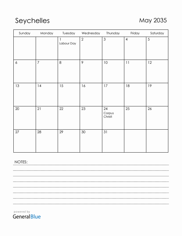 May 2035 Seychelles Calendar with Holidays (Sunday Start)