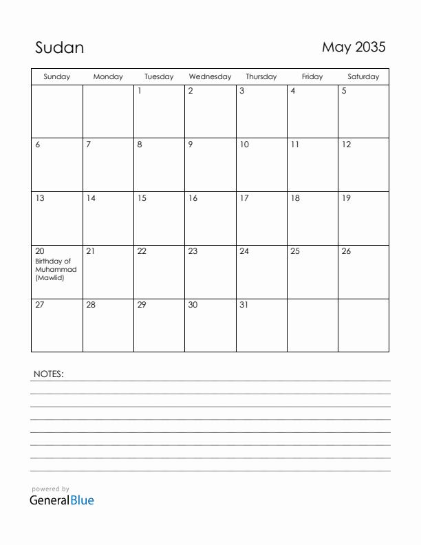May 2035 Sudan Calendar with Holidays (Sunday Start)