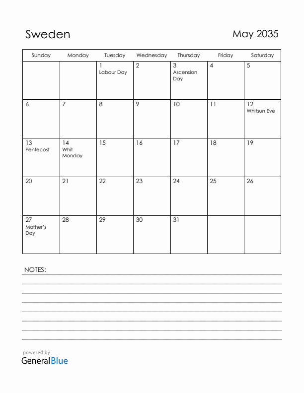 May 2035 Sweden Calendar with Holidays (Sunday Start)
