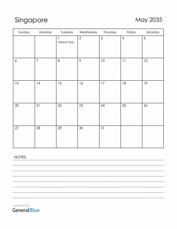 May 2035 Singapore Calendar with Holidays (Sunday Start)