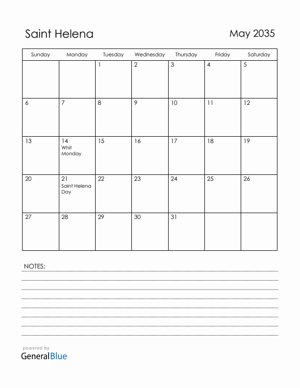 May 2035 Saint Helena Calendar with Holidays (Sunday Start)