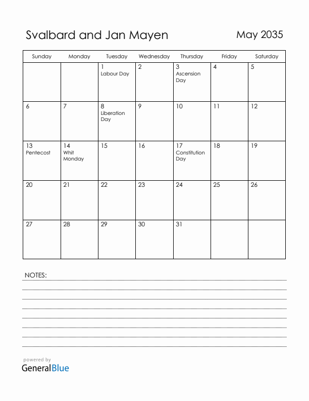 May 2035 Svalbard and Jan Mayen Calendar with Holidays (Sunday Start)