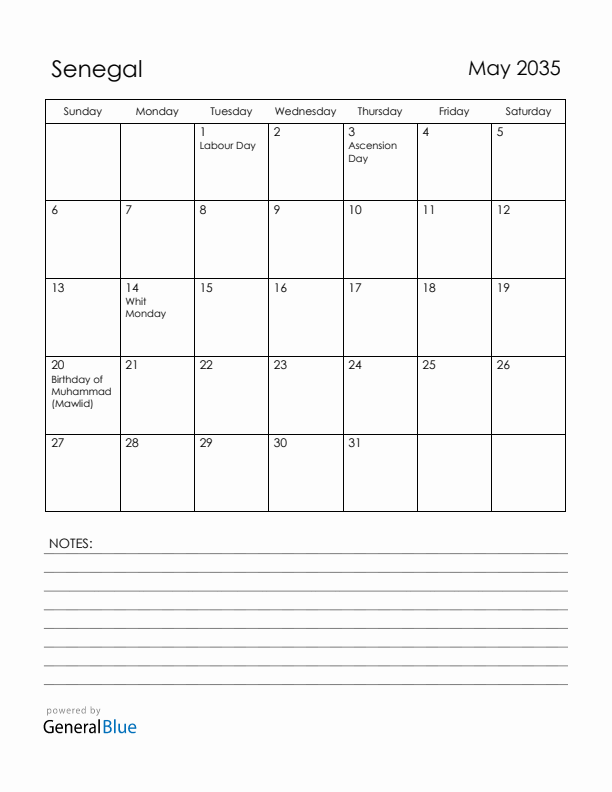 May 2035 Senegal Calendar with Holidays (Sunday Start)