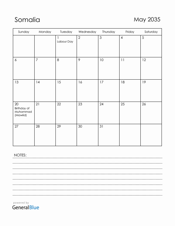 May 2035 Somalia Calendar with Holidays (Sunday Start)