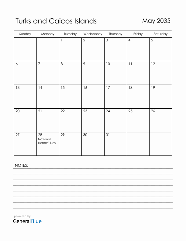 May 2035 Turks and Caicos Islands Calendar with Holidays (Sunday Start)