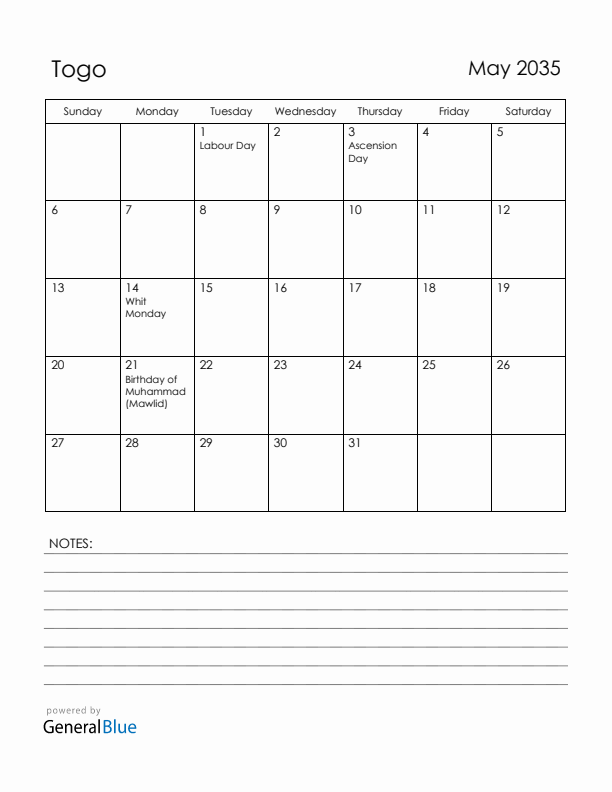 May 2035 Togo Calendar with Holidays (Sunday Start)