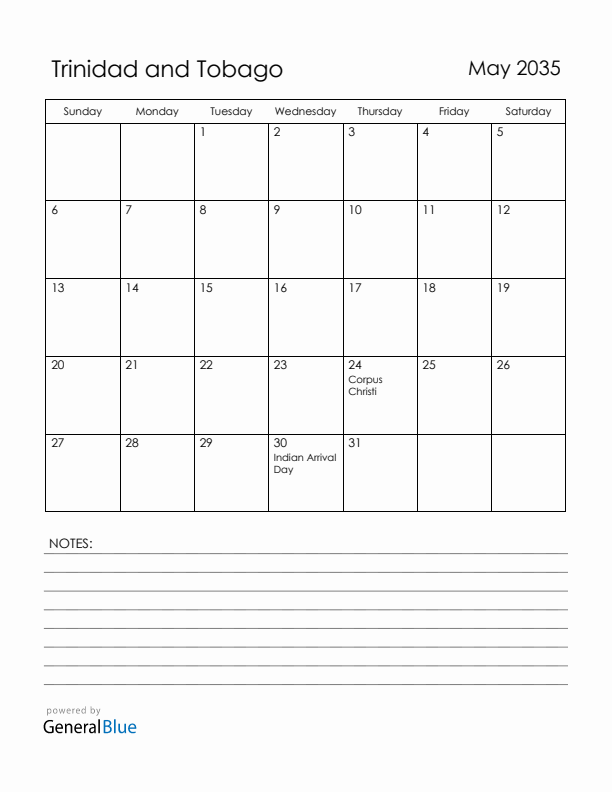 May 2035 Trinidad and Tobago Calendar with Holidays (Sunday Start)