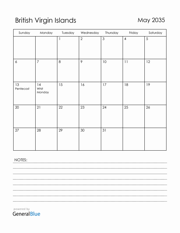 May 2035 British Virgin Islands Calendar with Holidays (Sunday Start)