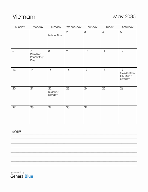 May 2035 Vietnam Calendar with Holidays (Sunday Start)