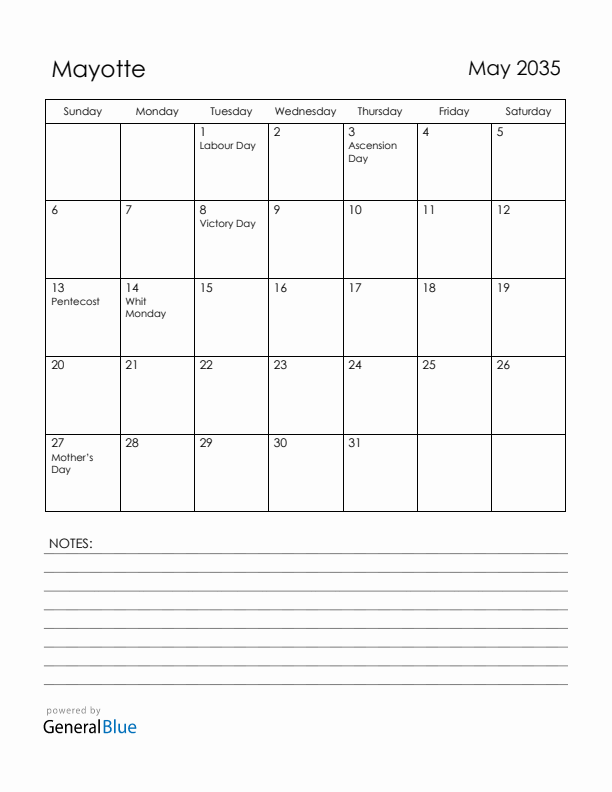 May 2035 Mayotte Calendar with Holidays (Sunday Start)
