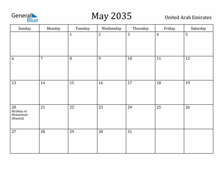 May 2035 Calendar United Arab Emirates