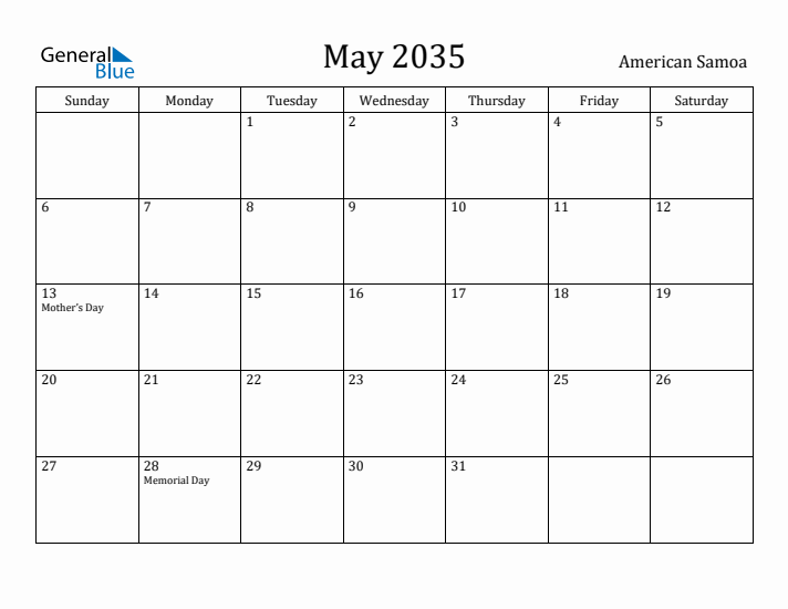 May 2035 Calendar American Samoa