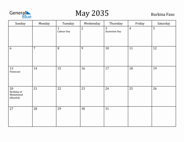 May 2035 Calendar Burkina Faso