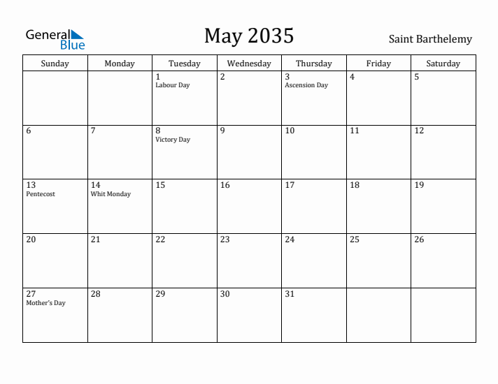 May 2035 Calendar Saint Barthelemy