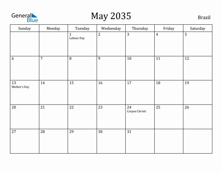 May 2035 Calendar Brazil