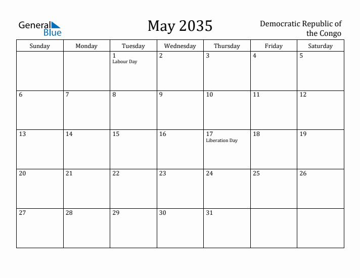 May 2035 Calendar Democratic Republic of the Congo