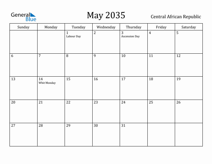 May 2035 Calendar Central African Republic