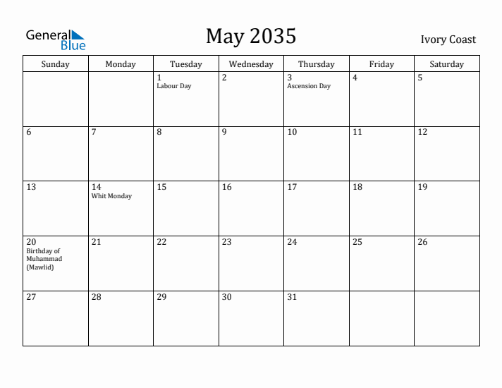 May 2035 Calendar Ivory Coast