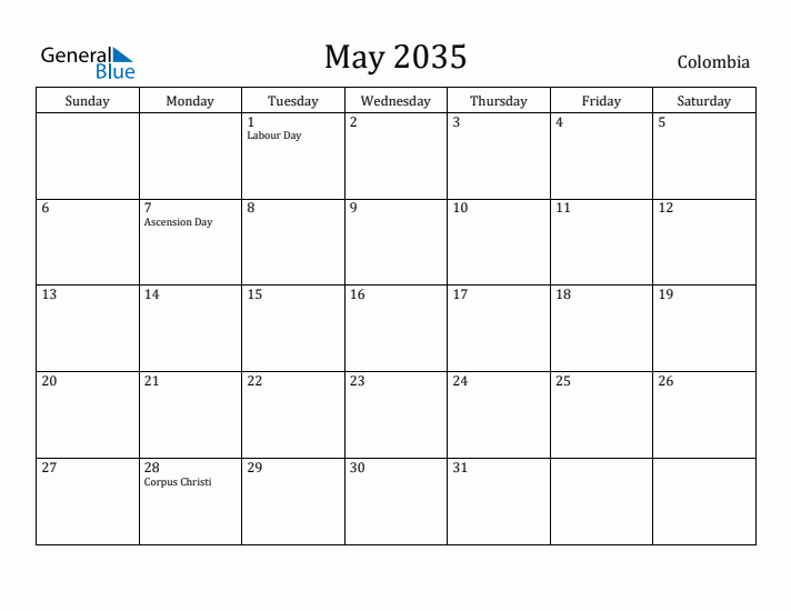 May 2035 Calendar Colombia
