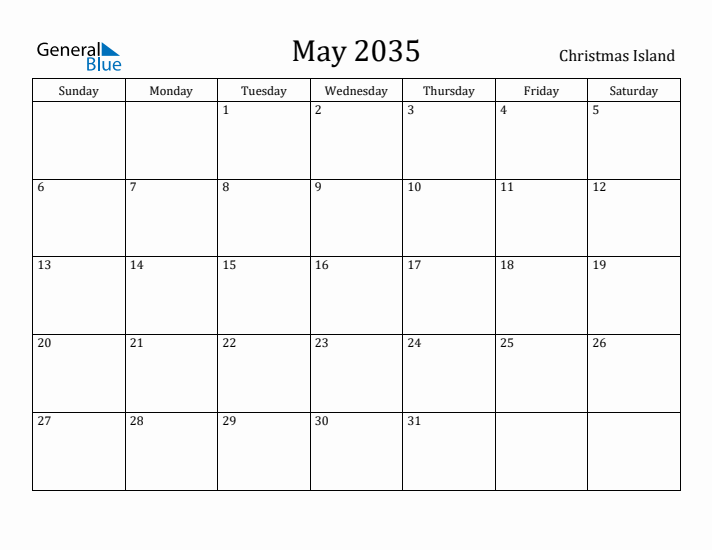 May 2035 Calendar Christmas Island