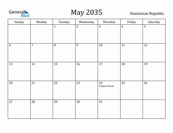 May 2035 Calendar Dominican Republic