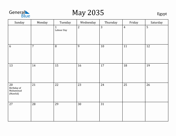 May 2035 Calendar Egypt