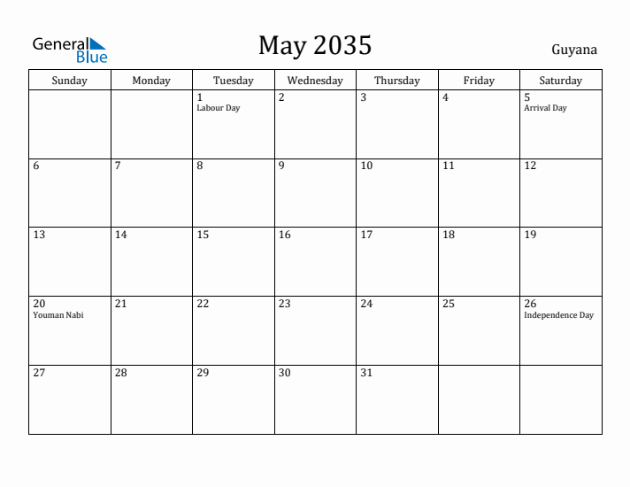 May 2035 Calendar Guyana
