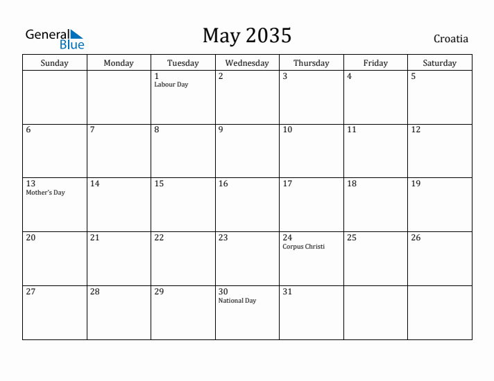 May 2035 Calendar Croatia