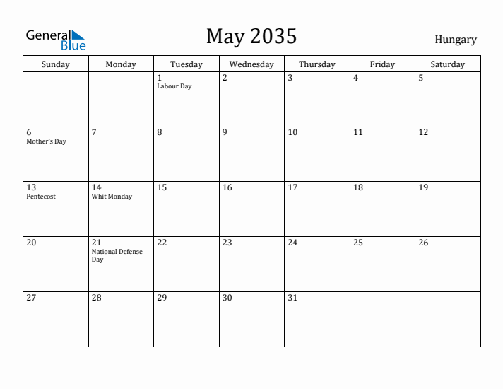 May 2035 Calendar Hungary