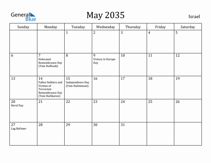 May 2035 Calendar Israel