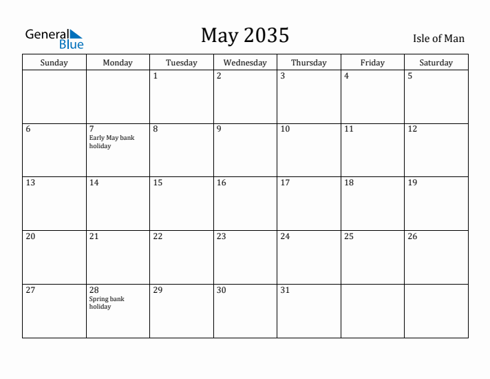 May 2035 Calendar Isle of Man
