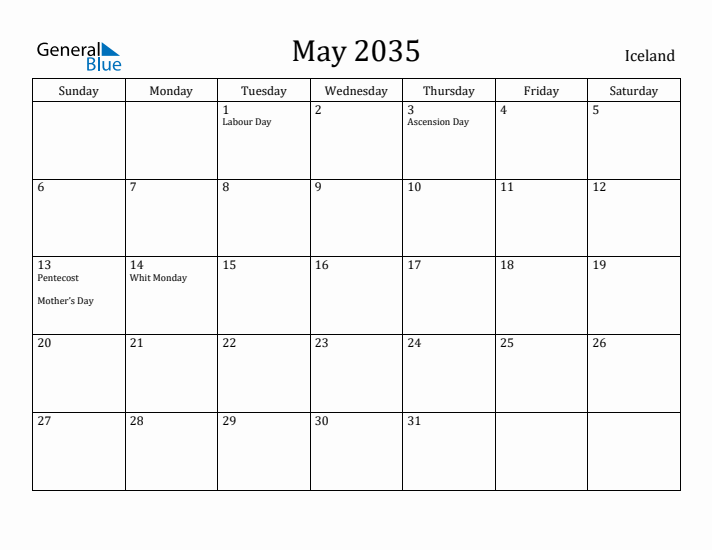 May 2035 Calendar Iceland