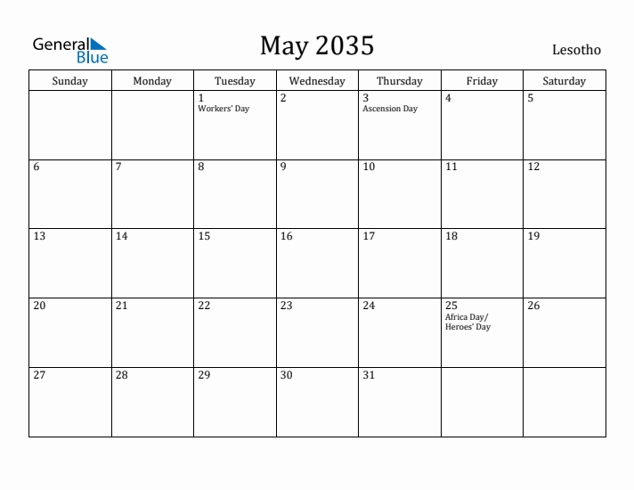 May 2035 Calendar Lesotho