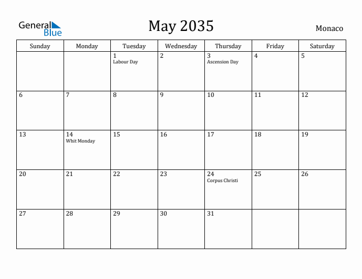 May 2035 Calendar Monaco