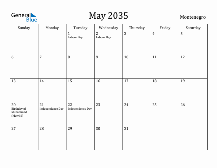 May 2035 Calendar Montenegro