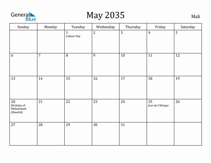 May 2035 Calendar Mali