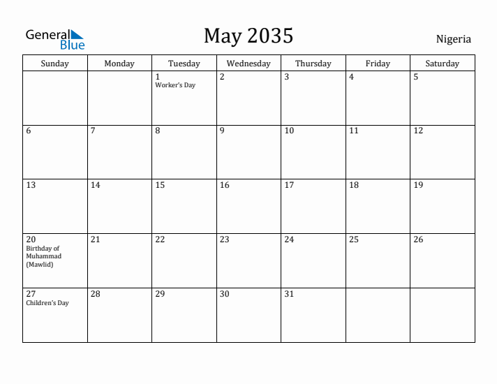 May 2035 Calendar Nigeria