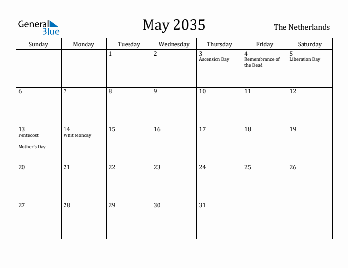 May 2035 Calendar The Netherlands