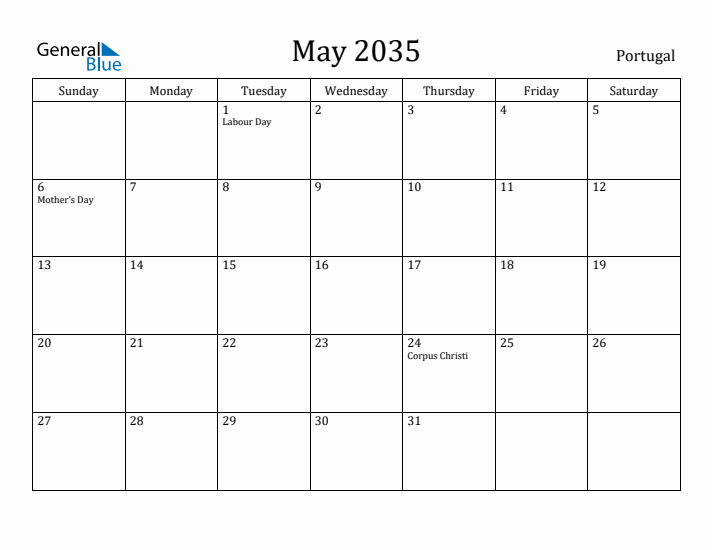 May 2035 Calendar Portugal