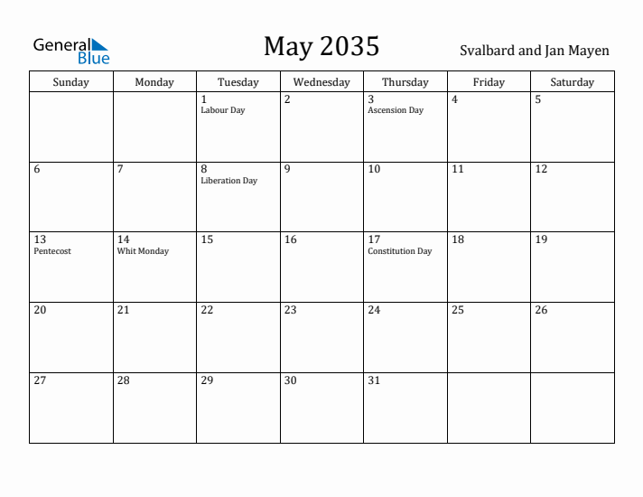 May 2035 Calendar Svalbard and Jan Mayen