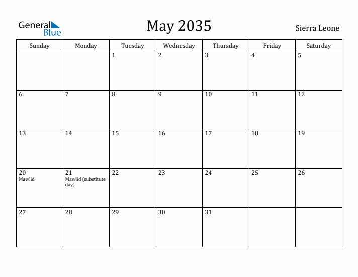 May 2035 Calendar Sierra Leone